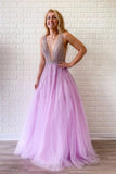 A Line Lilac Deep V Neck Beads Modest Tulle Prom Dresses, Long Formal Dresses