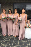 A Line Long Chiffon V Neck Ruffles Pink Floor Length Bridesmaid Dresses