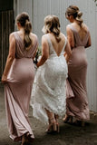 A Line Long Chiffon V Neck Ruffles Pink Floor Length Bridesmaid Dresses Rjerdress