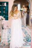 A Line Long Sleeve Deep V Neck Tulle Open Back Lace Appliques Wedding Dresses Rjerdress