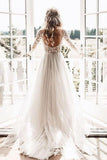 A Line Long Sleeve Deep V Neck Tulle Open Back Lace Appliques Wedding Dresses Rjerdress