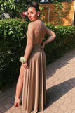 A Line Long Sleeve High Neck Brown Prom Dresses High Slit Floor Length  Rrjs932 Rjerdress