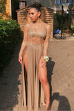 A Line Long Sleeve High Neck Brown Prom Dresses High Slit Floor Length  Rrjs932