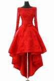 A Line Long Sleeve Red High Low Scoop Lace Homecoming Dresses with Lace Appliques Rjerdress