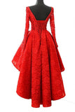 A Line Long Sleeve Red High Low Scoop Lace Homecoming Dresses with Lace Appliques Rjerdress