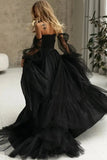 A Line Long Sleeve Slit Black Tulle Sweetheart Prom Dresses RJS38 Rjerdress