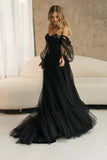 A Line Long Sleeve Slit Black Tulle Sweetheart Prom Dresses RJS38