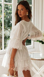 A Line Long Sleeve White Simple Lace Short Sexy Criss Cross Above Knee Homecoming Dress Rjerdress