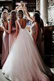 A Line Long Sleeveless Round Neck Tulle Wedding Dresses, Bride Dress With Bowknot Rjerdress