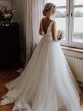 A Line Long Sleeveless Round Neck Tulle Wedding Dresses, Bride Dress With Bowknot Rjerdress