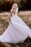 A Line Long Sleeveless Round Neck Tulle Wedding Dresses, Bride Dress With Bowknot