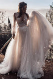 A Line Long Sleeves Ivory V Neck Beach Wedding Dresses with Lace Appliques, Tulle Bride Dresses