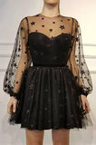 A Line Long Sleeves Tulle Sweetheart Spaghetti Straps with Flowers Black Homecoming Dresses Rjerdress