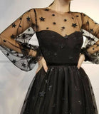 A Line Long Sleeves Tulle Sweetheart Spaghetti Straps with Flowers Black Homecoming Dresses Rjerdress