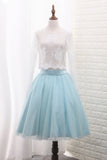 A Line Long Sleeves Tulle Two-Piece Scoop Hoco Dresses With Applique