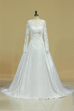 A Line Long Sleeves White Lace Appliques Satin Beads Open Back Bridal Dresses