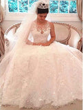 A Line Luxury Illusion Lace Scoop Ivory Wedding Dresses, Hot sale Bride Dress
