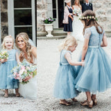 A-Line Mid-Calf Blue Lace Top Tulle Scoop Sleeveless Cheap Junior Flower Girl Dress Rjerdress
