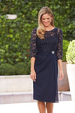 A Line Navy Blue Lace 3/4 Sleeve Short Chiffon Scoop Mother of the Bride Dresses RJS423