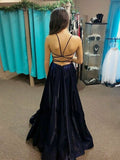 A Line Navy Blue Prom Dresses Spaghetti Back Crossed Straps Prom Gown Rjerdress