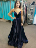 A Line Navy Blue Prom Dresses Spaghetti Back Crossed Straps Prom Gown
