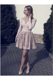A-Line Nude Long Sleeve Short Homecoming Dress With Flowers Rjerdress