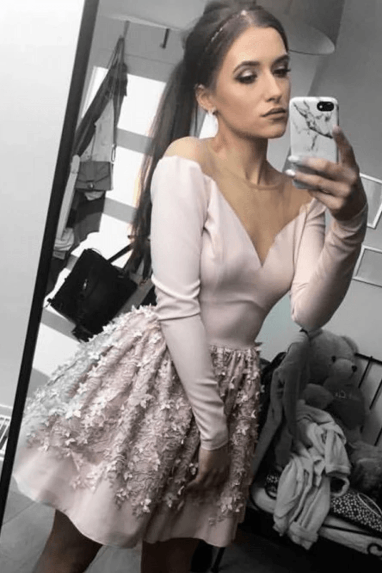 A-Line Nude Long Sleeve Short Homecoming Dress With Flowers Rjerdress
