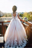 A Line Nude Tulle Pink Lace Appliqued Ball Gown Lace up Beach Wedding Dresses Rjerdress