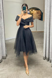 A-Line Off Shoulder Tea Length Tulle Homecoming Dress With Pleats Rjerdress