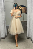 A-Line Off Shoulder Tea Length Tulle Homecoming Dress With Pleats