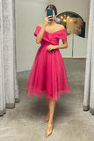 A-Line Off Shoulder Tea Length Tulle Homecoming Dress With Pleats Rjerdress