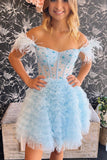 A-Line Off The Shoulder Feather Sweetheart Tiered Short/Mini Prom Homecoming Dress