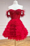 A-Line Off The Shoulder Feather Sweetheart Tiered Short/Mini Prom Homecoming Dress Rjerdress