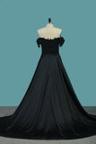 A Line Off The Shoulder Prom Dresses Stretch Satin With Applique And Slit Rjerdress