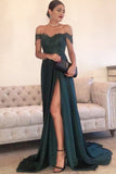 A Line Off The Shoulder Prom Dresses Stretch Satin With Applique And Slit Rjerdress
