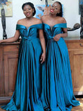 A Line Off The Shoulder Satin Bridesmaid Dresses Sweep Train Rjerdress