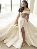 A Line Off The Shoulder Satin Zipeer Up Court Train Wedding Dresses with Appliques