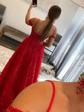 A Line Off The Shoulder Sequin  & Lace Sweep Train Prom Dresses With Slit Rjerdress