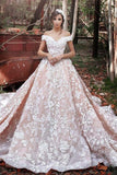 A-Line Off the Shoulder Ball Gown Court Train Tulle Appliques Wedding Dresses
