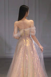 A Line Off the Shoulder Champagne Sequins Long Prom Dress Rjerdress