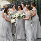 A Line Off the Shoulder Grey Chiffon Cheap Long Bridesmaid Dresses Rjerdress