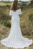 A Line Off the Shoulder Ivory Lace Beach Wedding Dresses Chiffon Bride Dress Rjerdress