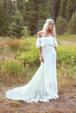 A Line Off the Shoulder Ivory Lace Beach Wedding Dresses Chiffon Bride Dress Rjerdress