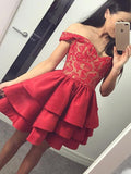 A Line Off the Shoulder Lace Red Satin Ruffles Layered Short Homecoming Dresses RJS991 Rjerdress