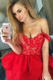 A Line Off the Shoulder Lace Red Satin Ruffles Layered Short Homecoming Dresses RJS991