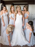 A-Line Off-the-Shoulder Light Grey Ruched Chiffon Long Bridesmaid Dress Rjerdress