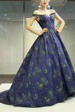 A Line Off the Shoulder Long Navy Blue Prom Dress with Printed Cheap Evening Dresses RJS847