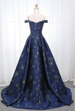 A Line Off the Shoulder Long Navy Blue Prom Dress with Printed Cheap Evening Dresses RJS847 Rjerdress