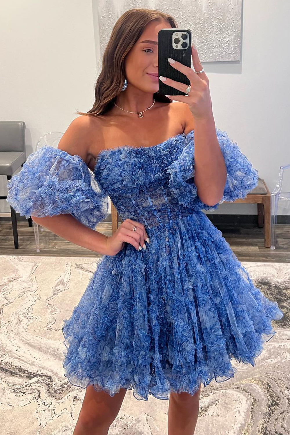 A Line Off the Shoulder Printed Above Knee Homecoming Dresses with