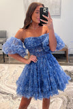 A Line Off the Shoulder Printed Above Knee Homecoming Dresses with Ruffled
